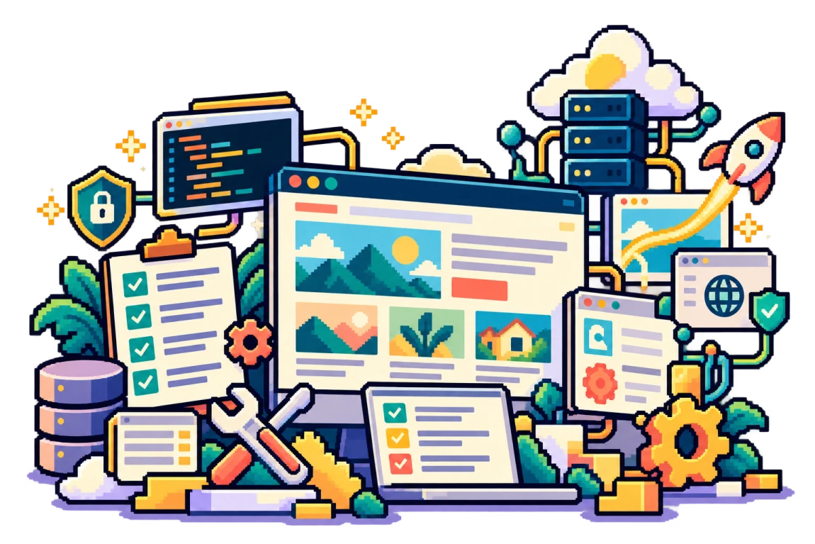 Pixel-art illustration of website support, with deployment, repair, security, and backend tools.