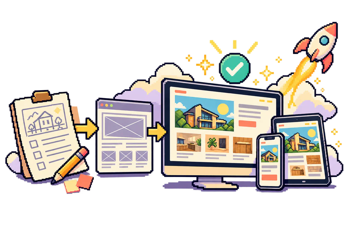 Pixel-art illustration of a website moving from project planning through design to launch across devices.